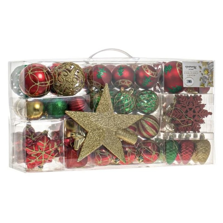 Set Globuri Crăciun, Multicolor, Diverse Dimensiuni și Modele, plastic, cu Vârf de Brad, 106 buc