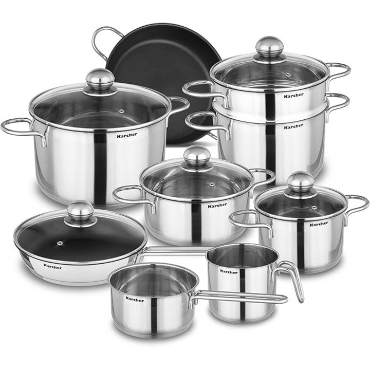 Set de cratițe Karcher Jette, inox, 14 piese, 5 capace din sticlă, potrivit pentru plite inductie, lavabil în mașina de spălat vase