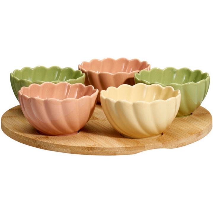Купи за закуски цветя върху бамбукова тава, 5 купи + чиния
