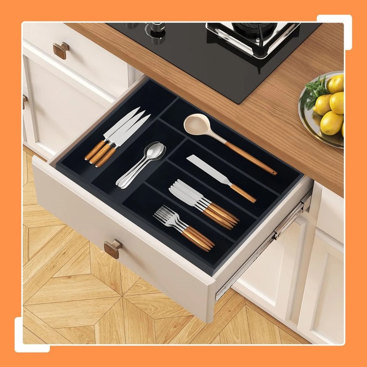 Bambusz evőeszköztartó tálca - 6 rekeszes, fiókrendező