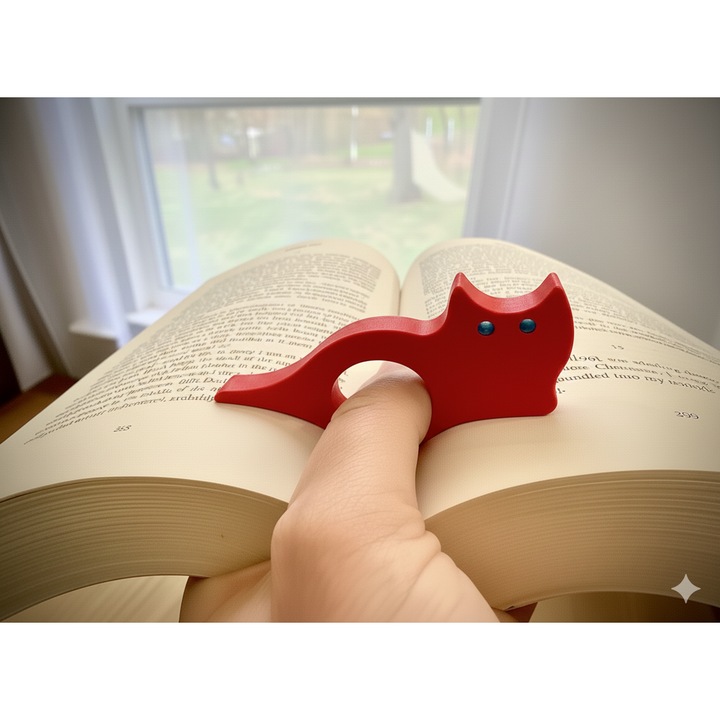 Suport pentru pagini carte, model pisica, culoare rosu, fixare pe deget pentru mentinerea paginilor deschise, cadou haios, ergonomic si distractiv pentru cititori