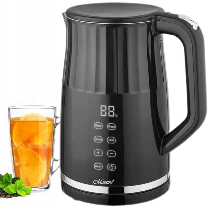MAESTRO elektromos vízforraló, 1,7L, 2200W, állítható 40-100C, duplafalú, fekete