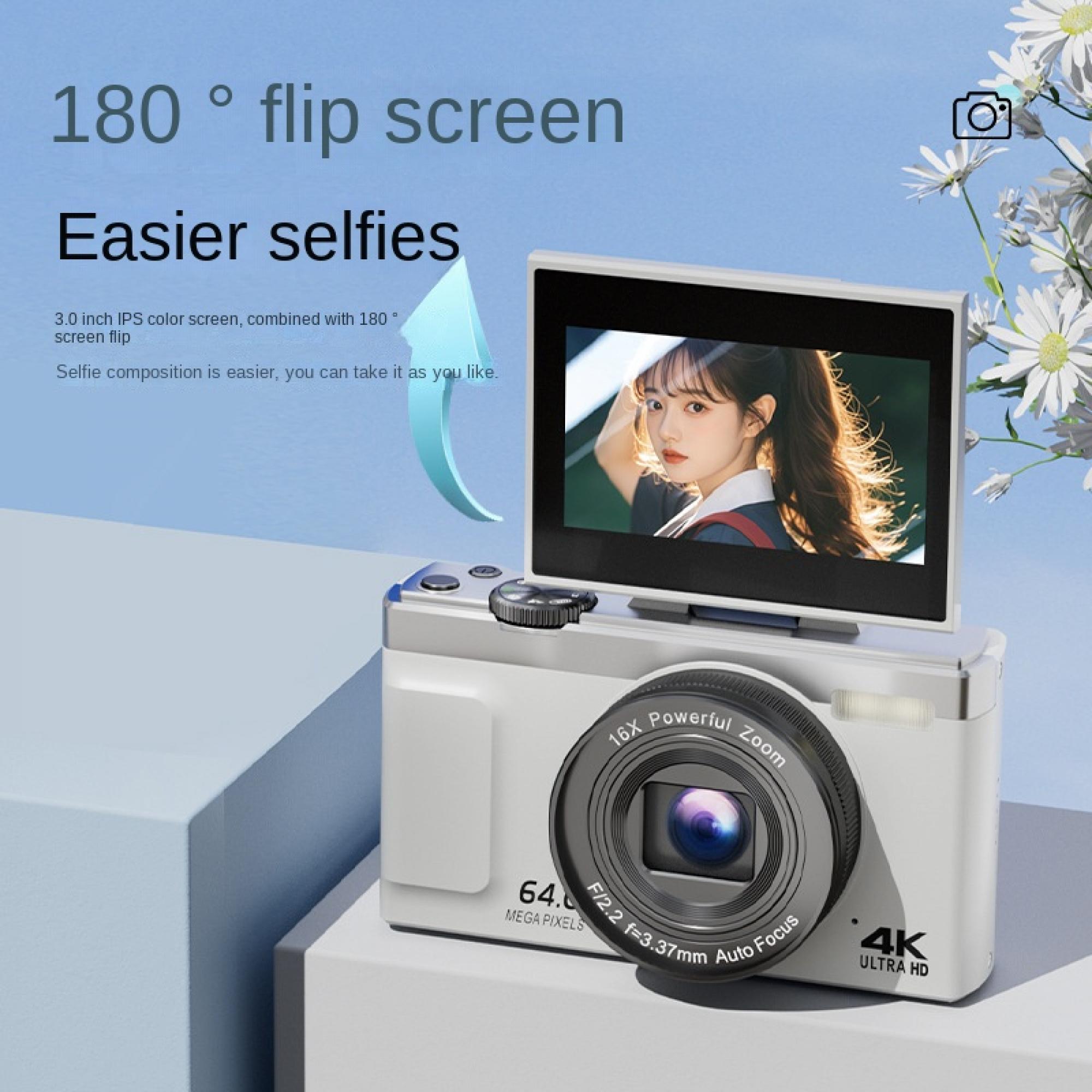 Shaoke Camera Компактен цифров фотоапарат за пътуване със селфи функция, 4K висока ...