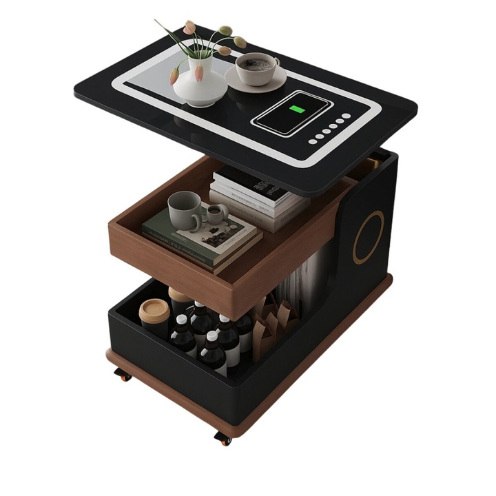 Модерна странична масичка с безжично зареждане, Bluetooth високоговорител и въртящ се плот - ЧЕРНА