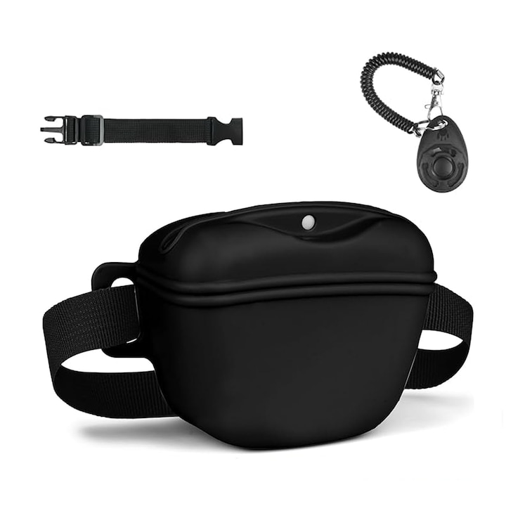 Kutyakiképző táska szett, asskanaer, Kutyajutalomfalat táska kiképző klikkerrel, Kényelmes mágneses záródás és derékpánt, Kisállat kiképző sétákhoz, 10.5x12.5 cm, Szilikon, BPA-mentes, Fekete