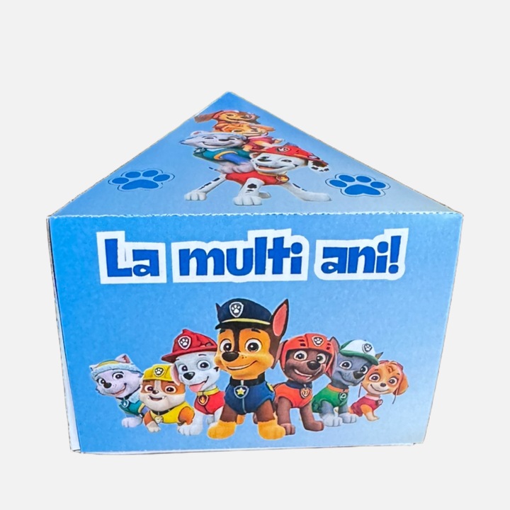 Set 5 cutii Felie tort carton, Paw Patrol, design baieti, reutilizabil, 11x8x6cm, set