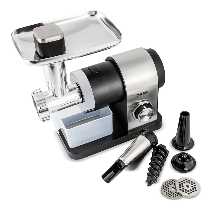 Masina de tocat carne ZASS ZMG 12, accesoriu de rosii inclus, 1800W, 1,8Kg/min, cutit si 3 site din inox 3/5/7mm, accesoriu carnati si kebbe