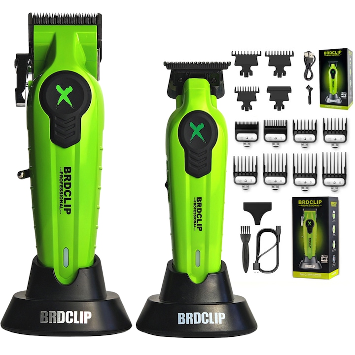 Set Masina de Tuns si Trimmer Profesional BIRAI BRDPRO, Motore Puternice 7000/7700 RPM, Accesorii Incluse, Lame Din Otel Inoxidabil, Ideal Pentru Barba, Par, Contur, Uz Casnic si Salon, Verde