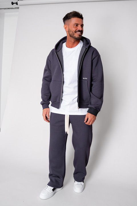 Set Winter CozyWide hanorac cu fermoar si pantalon drept Grey Anthracite Gri cenusa M INTL