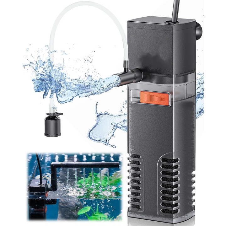 Filtru intern pentru acvariu, asskanaer, Filtru apa acvariu pesti, 4W, 300/h, Potrivit pentru acvariu de 600 l, Cu ventuza, Debit de apa reglabil, Zgomot redus, Impermeabil, Folosit pentru purificarea si aerarea apei, Plastic, 13.5*4.4*3.7 cm, Negru