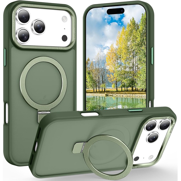 Husa pentru Apple iPhone 17 Pro Max DaDen® Matte MagSafe, Antisoc, Incarcare wireless, Inel stand, Verde