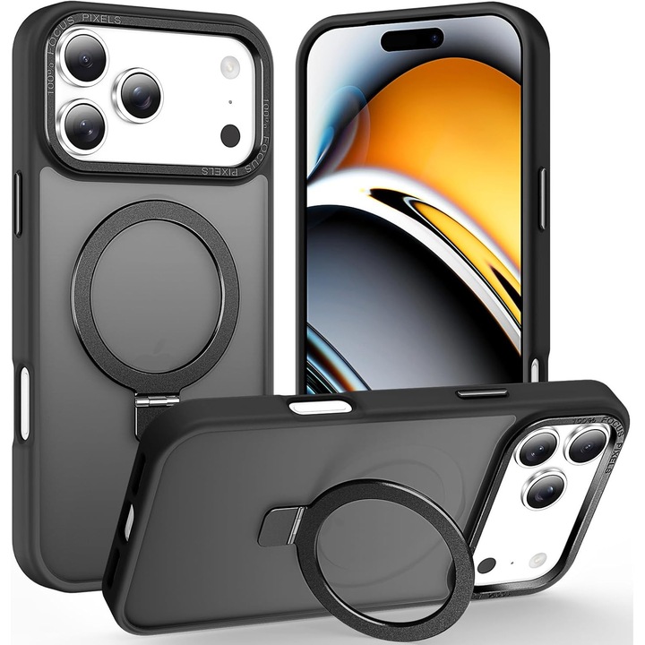 Husa pentru Apple iPhone 17 Pro Max DaDen® Matte MagSafe, Antisoc, Incarcare wireless, Inel stand, Negru