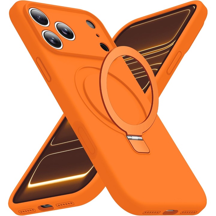 Husa pentru iPhone 17 Pro DaDen® Silicon MagSafe Ring, Inel de Prindere, Incarcare Wireless, Protectie Camera, Antisoc, Protectie Action Button, Portocaliu