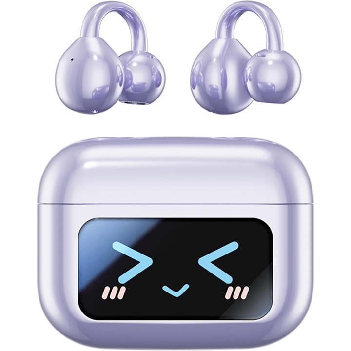 Безжични слушалки с щипка, Bluetooth 5.4, с LED тъчскрийн, HD качество на звука, двустранен стерео звук, за таблет Pad, лаптоп, Android/iOS, мобилен телефон (виолетов)