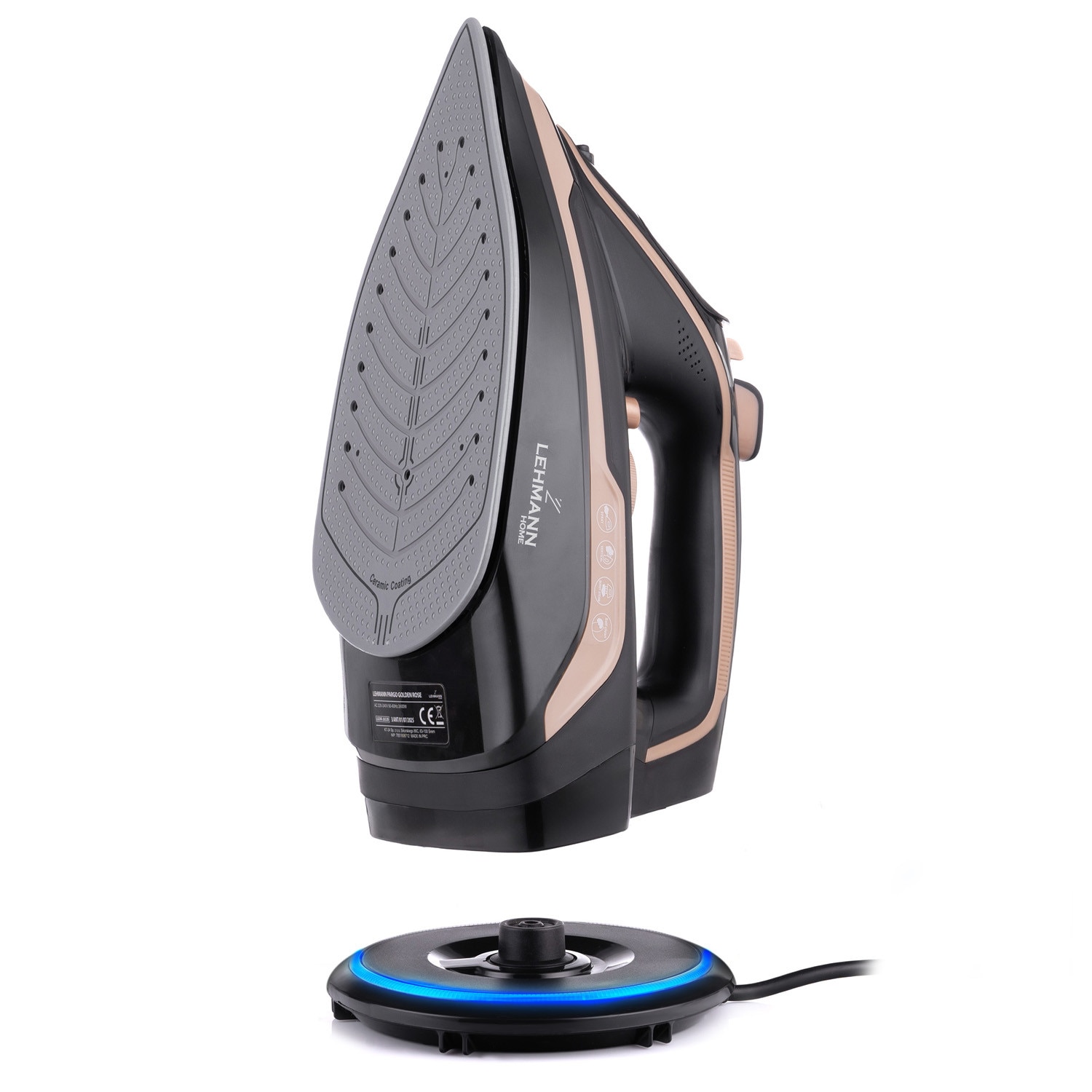 Fier de calcat fara fir cu abur Lehmann Pargo, talpa ceramica, putere 2600W, rezervor de apa de 320 ml, Lumina de fundal cu LED-uri, galben/negru