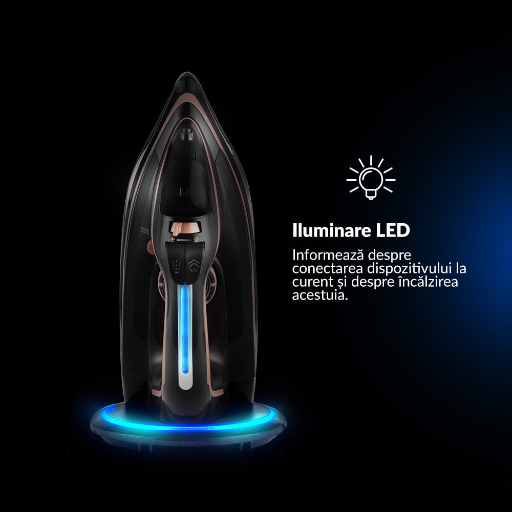 Fier de calcat fara fir cu abur Lehmann Pargo, talpa ceramica, putere 2600W, rezervor de apa de 320 ml, Lumina de fundal cu LED-uri, galben/negru