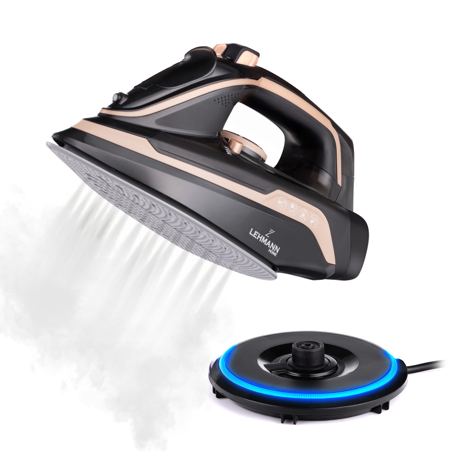 Fier de calcat fara fir cu abur Lehmann Pargo, talpa ceramica, putere 2600W, rezervor de apa de 320 ml, Lumina de fundal cu LED-uri, galben/negru