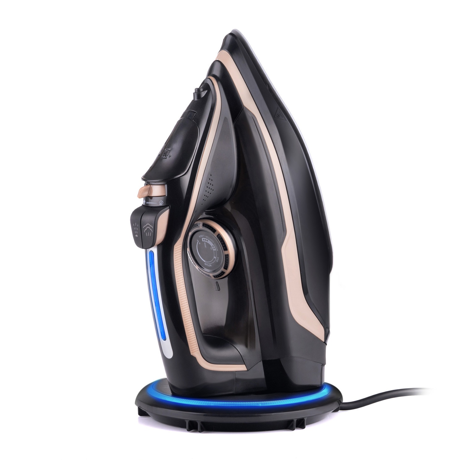 Fier de calcat fara fir cu abur Lehmann Pargo, talpa ceramica, putere 2600W, rezervor de apa de 320 ml, Lumina de fundal cu LED-uri, galben/negru