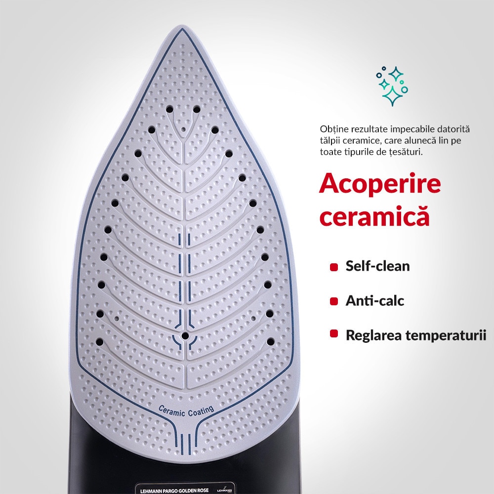 Fier de calcat fara fir cu abur Lehmann Pargo, talpa ceramica, putere 2600W, rezervor de apa de 320 ml, Lumina de fundal cu LED-uri, galben/negru