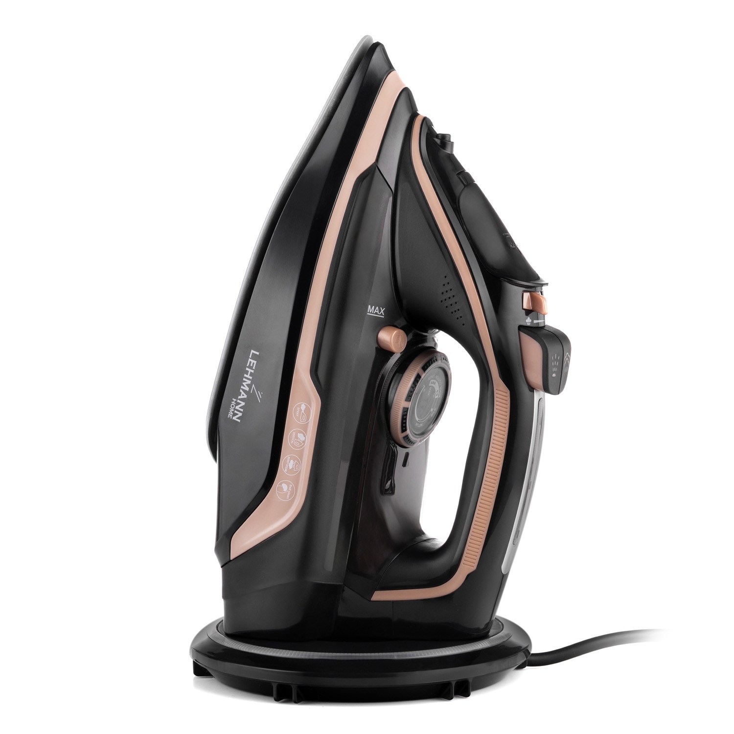 Fier de calcat fara fir cu abur Lehmann Pargo, talpa ceramica, putere 2600W, rezervor de apa de 320 ml, Lumina de fundal cu LED-uri, galben/negru
