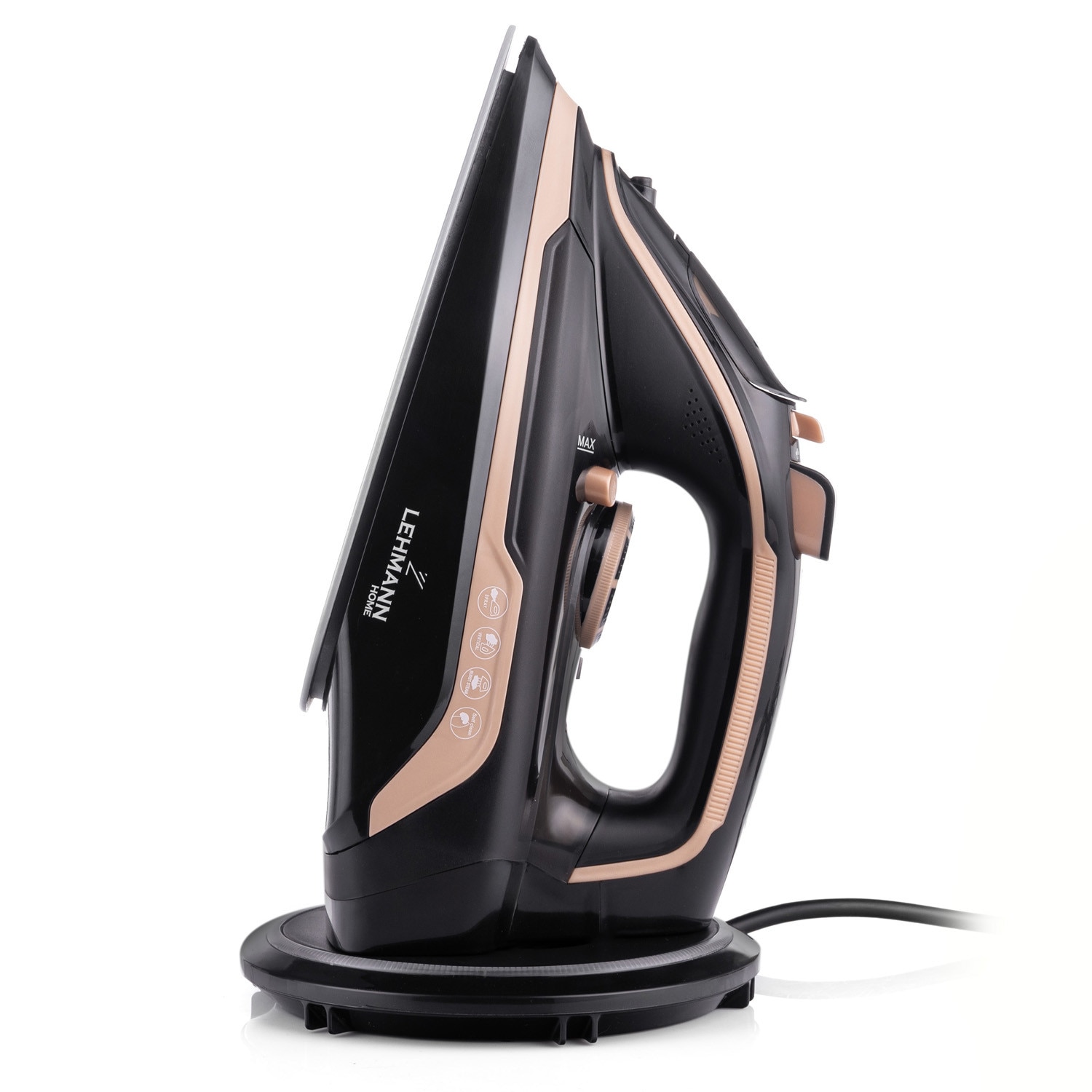 Fier de calcat fara fir cu abur Lehmann Pargo, talpa ceramica, putere 2600W, rezervor de apa de 320 ml, Lumina de fundal cu LED-uri, galben/negru