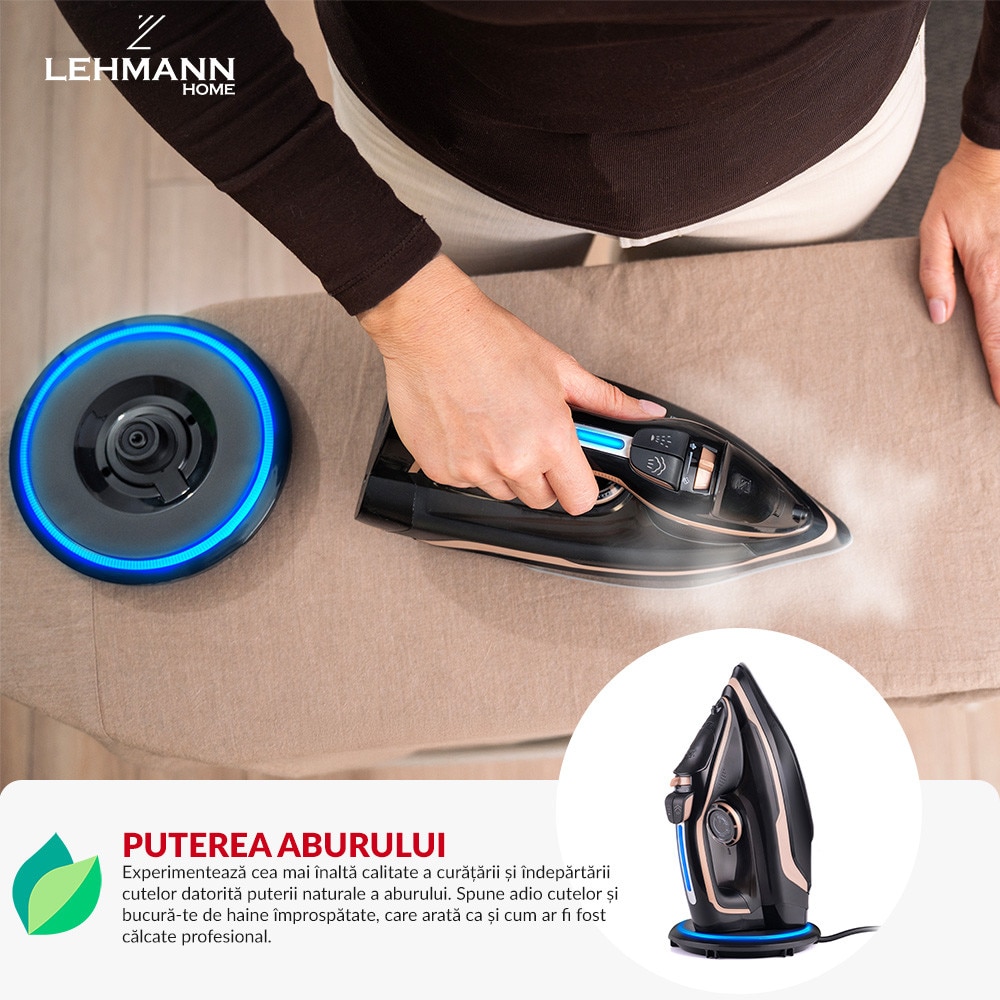 Fier de calcat fara fir cu abur Lehmann Pargo, talpa ceramica, putere 2600W, rezervor de apa de 320 ml, Lumina de fundal cu LED-uri, galben/negru