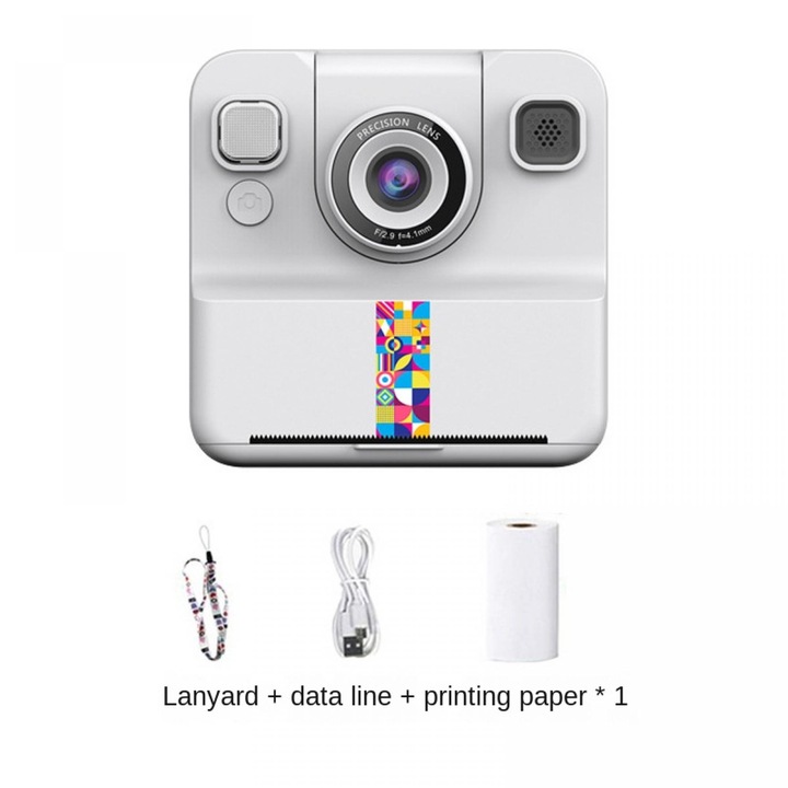 Детски фотоапарат с моментален печат, печат с едно докосване, 2,4-инчов екран, бял, включва 1 ролка филм, каишка, кабел за зареждане, батерия с дълъг живот, преносим, VGA флип камера
