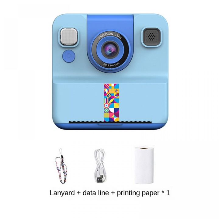 Детски фотоапарат за моментни снимки, печат с едно докосване, 2,4-инчов екран, син, включва 1 ролка филм, каишка, кабел за зареждане, дълготрайна батерия, преносим, VGA флип камера