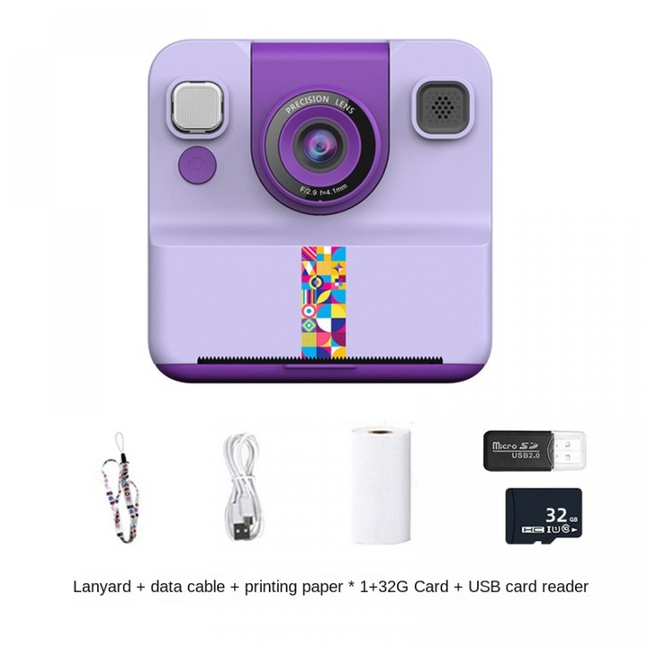 Aparat Foto Instant Pentru Copii, Ecran De 2, 4 Inci, Violet, Include 1 Rola De Film, Curea, Cablu De Incarcare, Baterie Cu Durata Lunga De Viata, Portabil, Aparat Foto Flip, Setul Include Card De Memorie De 32 GB Si Cititor De Carduri