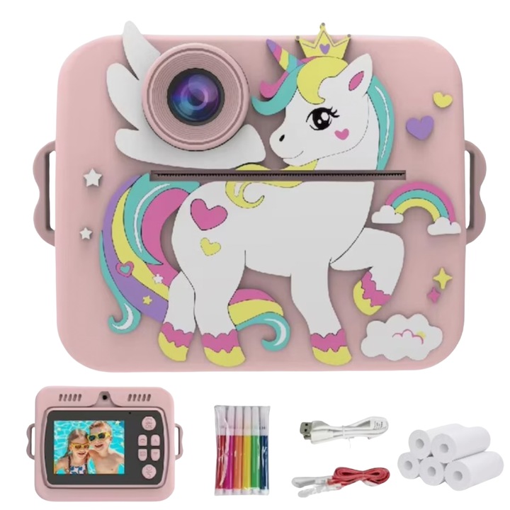 Фотоапарат за деца, Simply Joy, функции за снимки, принтиране, HD 1080p видео, 2.4 инчов екран, акумулаторна батерия, 32GB памет, 4 игри, USB кабел, връзка, безмастилен печат, 5 ролки хартия и 5 цветни маркера включени, модел еднорог, розов
