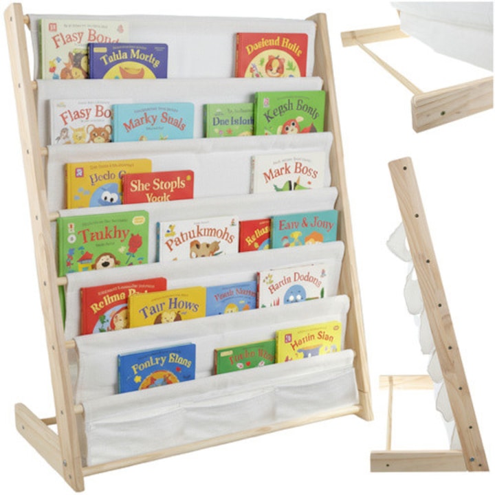 Рафт за детски книги, Zola, 6 рафта от плат, дървена рамка, 79 × 62.5 × 30 см, бял/крем