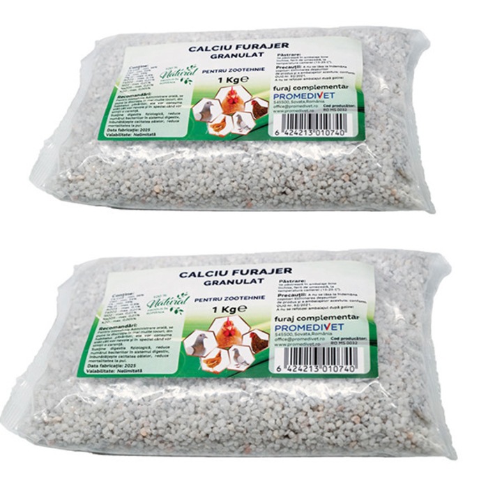 Pachet Calciu Furajer Granulat 100% Natural, 2 x 1kg, sustine digestia fiziologica, reduce numarul bacteriilor in sistemul digestiv, inbunatateste calitatea oualor, reduce mortalitatea la pui