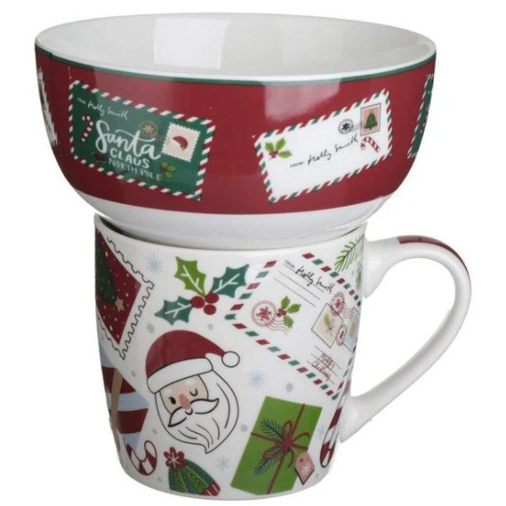 Set Cana & Bol Craciun AB Homes, Ceramica Bordo cu Model „Scrisoare catre Mos Craciun”, 480ml + 340ml – Decor Festiv & Atmosfera Cozy