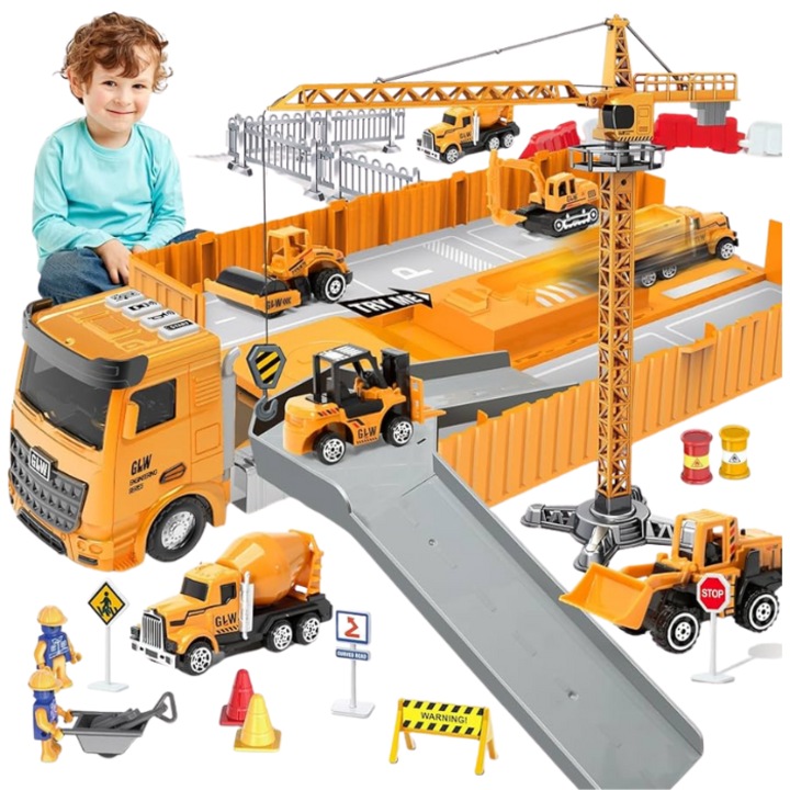 Set camion cu lansator Doris, 6 utilaje construcție, dimensiune 43x23x11cm, efecte luminoase și sonore