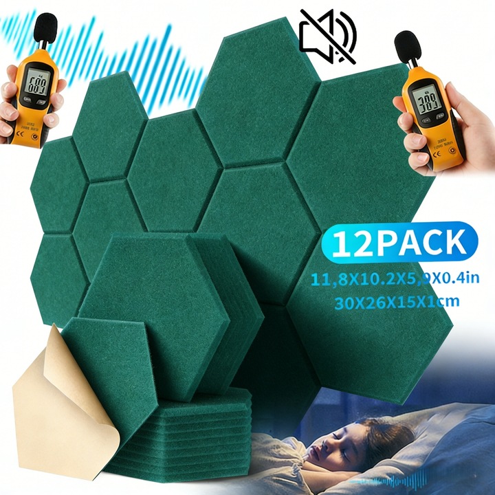 Set 12 Panouri Acustice Autoadezive, Wacorresi, 30*26*10.8cm, pentru izolare fonica si decorare pereti/tavane/usi, din Lana Filtrata, Sigur si Ecologic, Forma Hexagonala, poliester, verde inchis