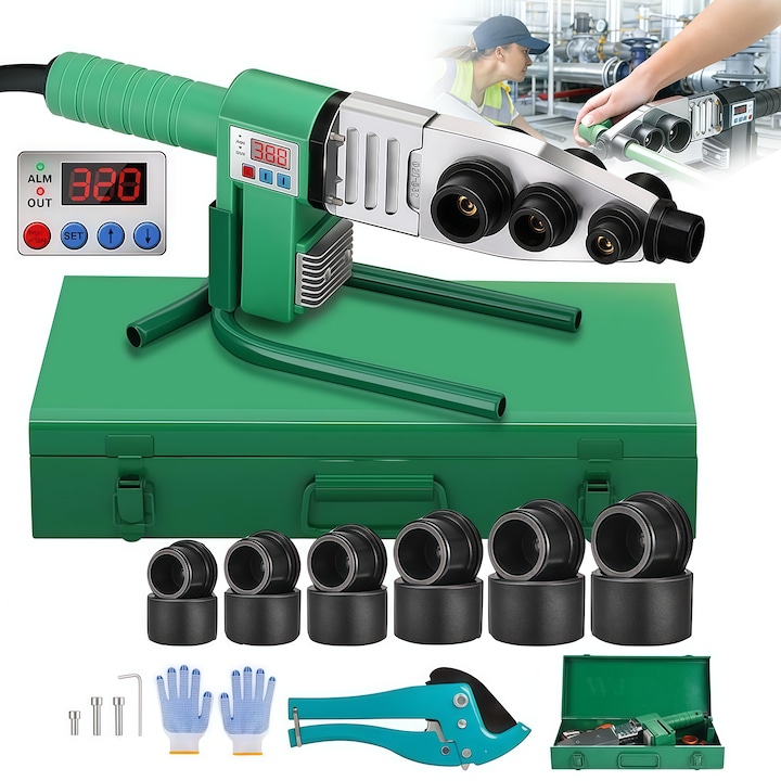 Trusa lipit tevi, Wacorresi, Aparat de lipit tevi PVC, Instrument de sudare a tevilor, Pentru PE/PPR/PB/PVDF/HDPE/PVC, Display Digital, Verde