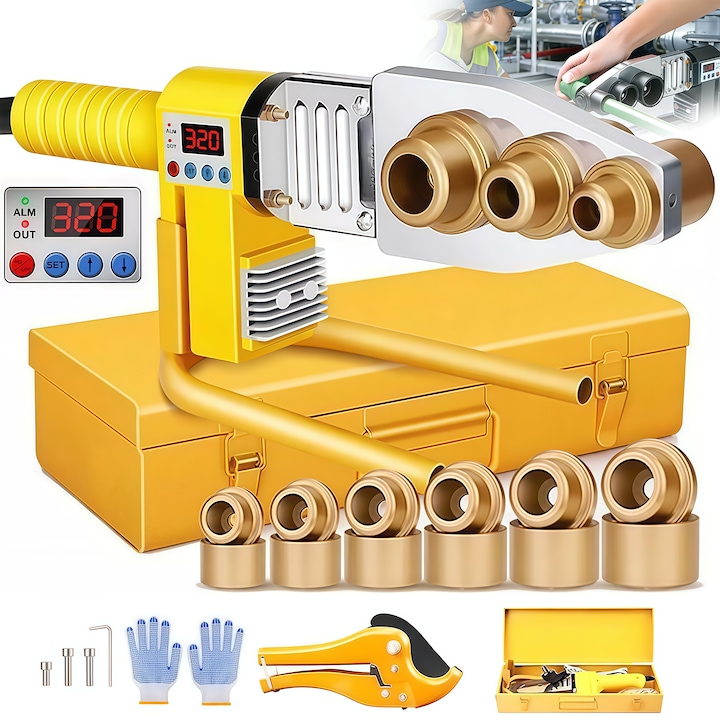 Trusa lipit tevi, Wacorresi, Aparat de lipit tevi PVC, Instrument de sudare a tevilor, Pentru PE/PPR/PB/PVDF/HDPE/PVC, Display Digital, Galben