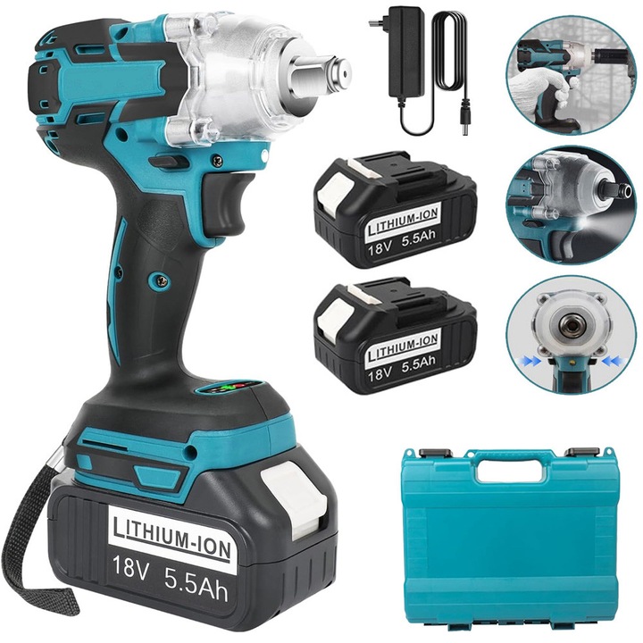 Безжичен електрически ударен гайковерт Juksun, 21V, 650Nm, 3200rpm, с 2 батерии, син и черен
