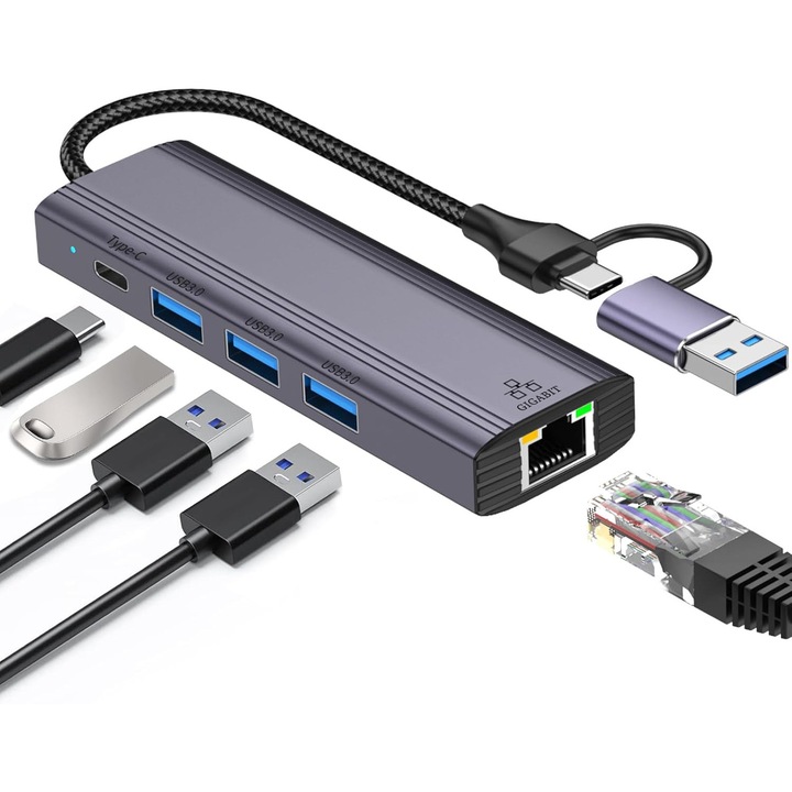 Adaptor USB HUB 5 in 1, Wacorresi, Conectivitate Extinsa - USB 3.0, echipat cu 3 porturi USB 3.0 si 1 port USB-C, adaptor retea LAN Gigabit USB 3.0 la RJ45, hub Ethernet din aluminiu cu impletitura de nailon