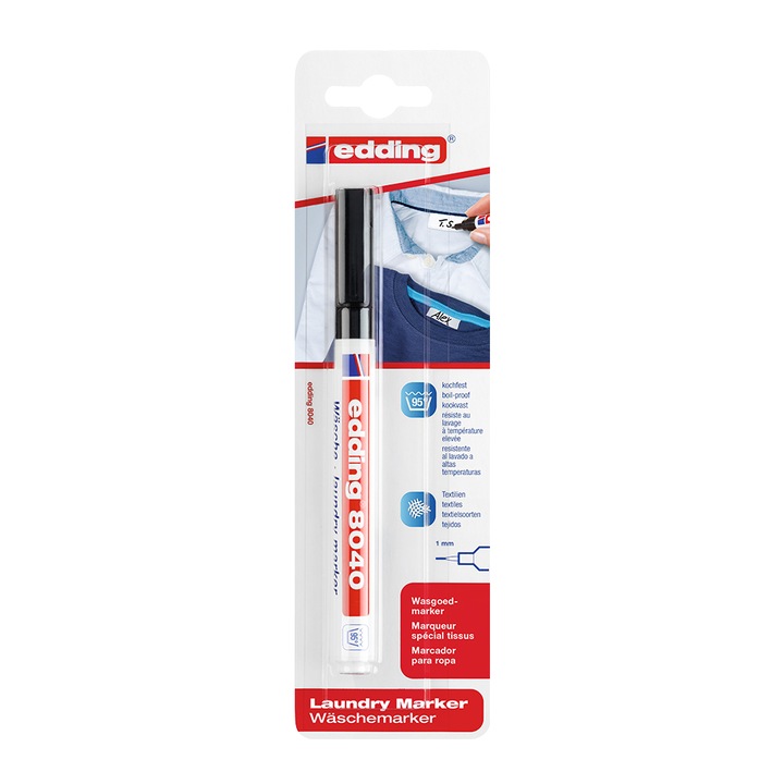 Marker Edding 8040, pentru etichetele textile, varf rotund 1 mm negru, blister