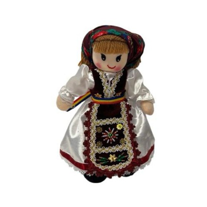 Textilbaba, kézzel készített, 25 cm, bordó