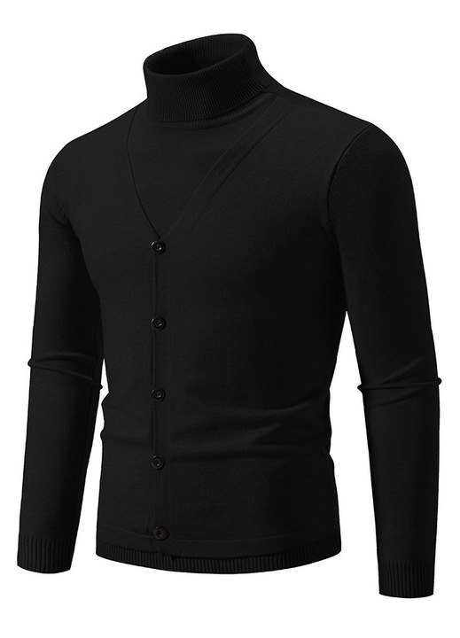 Férfi pulóver, Magas gallér, Kötött, Fekete