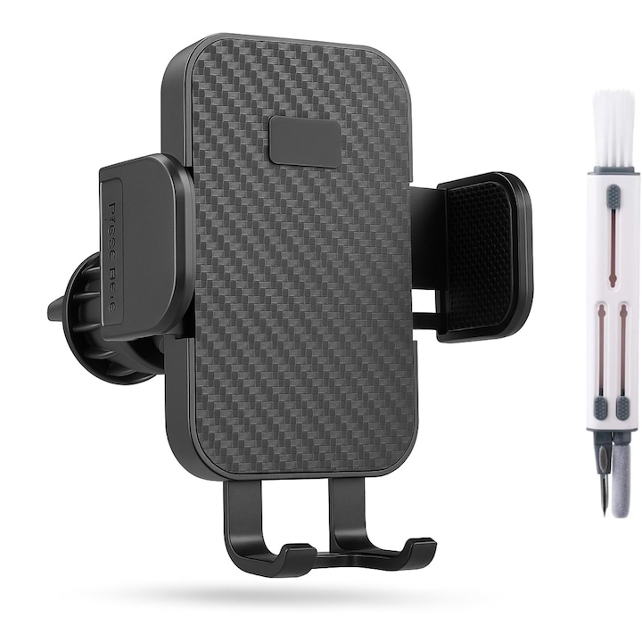 Suport telefon auto IDEAS4COMFORT cu fixare grila ventilatie, suport telefon masina cu inchidere mecanica, suport smartphone ventilatie rotativ 360, suport smartphone masina compatibil cu iPhone, Samsung, Huawei, include kit curatare 4 in 1, negru