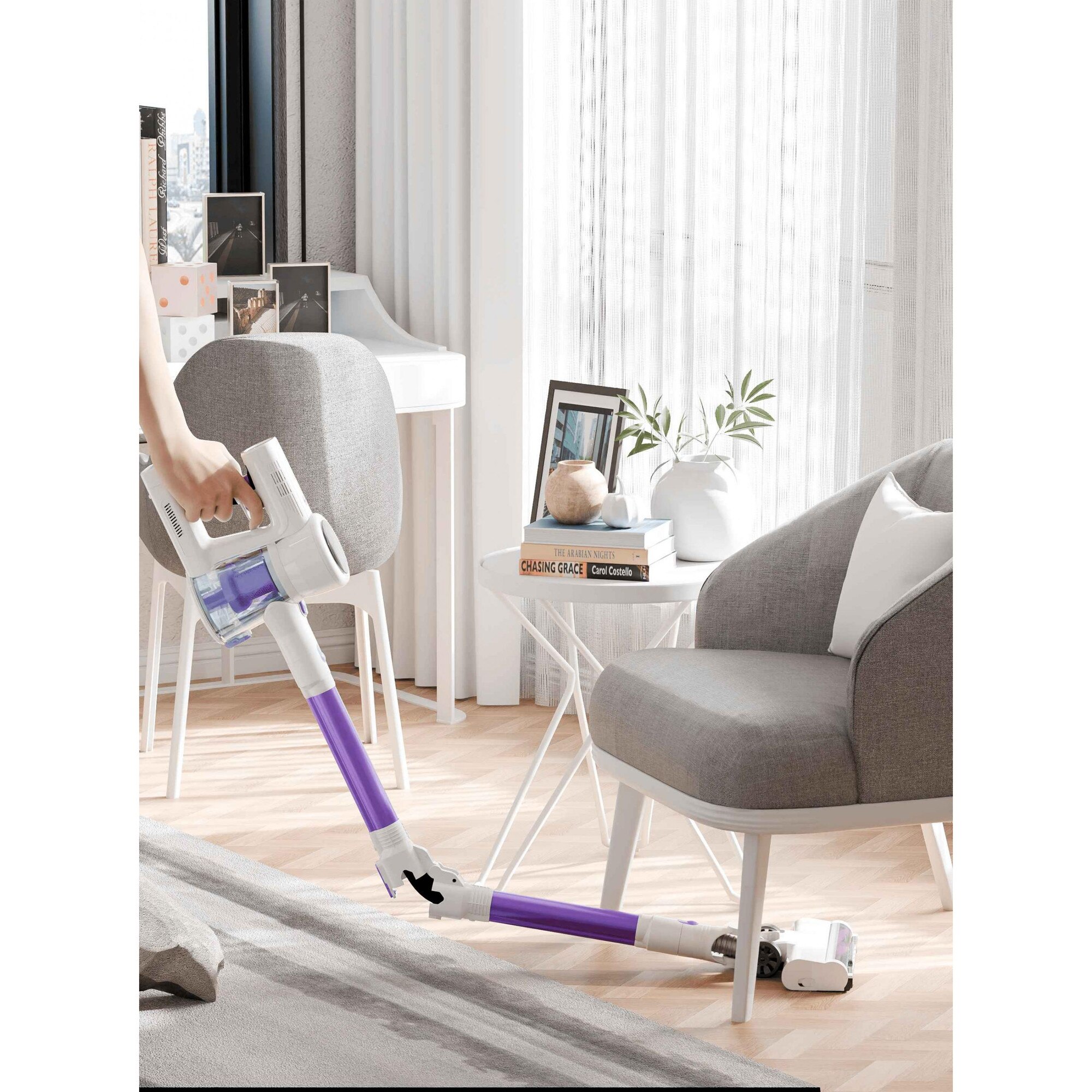 Aspirator Vertical UWOT Fără Fir 3 în 1, 350 W, Filtru HEPA, Alb și Violet