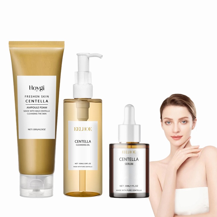 3 darabos tisztító szett, centella asiatica kivonattal, E-vitaminnal és hialuronsavval, hidratálja, gyengéden tisztítja a bőrt, micellás víz 100ml, sminklemosó 120g, szérum 30ml