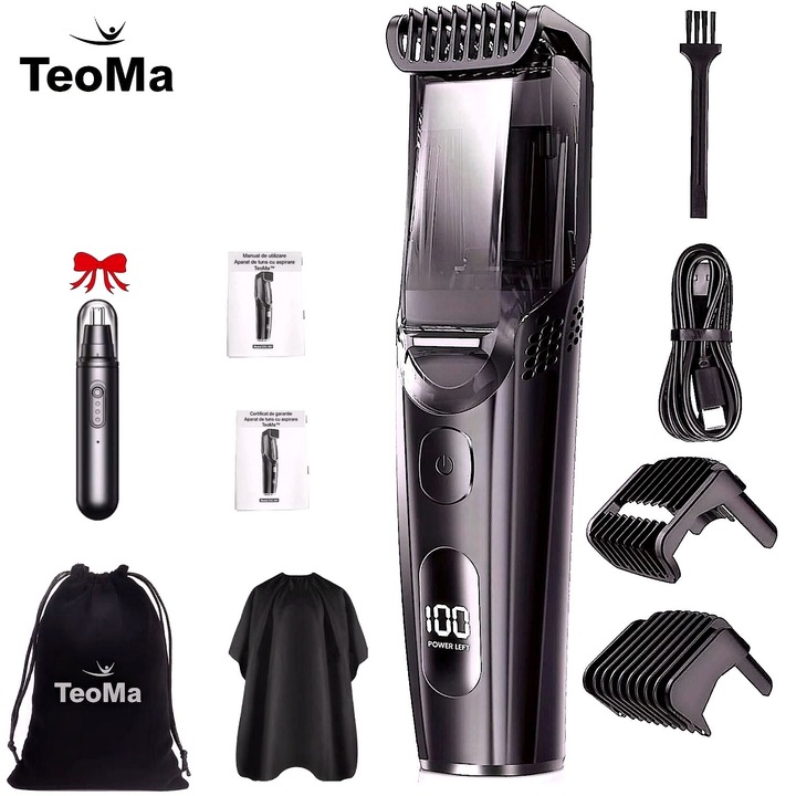 Машинка за подстригване с вакуум TeoMa™, за коса, брада и тяло, USB-C презареждаема, водоустойчива IPX6, 8000 RPM, остриета от неръждаема стомана, 20 настройки за дължина, пълен комплект + тример за нос/уши, идеален подарък за мъже