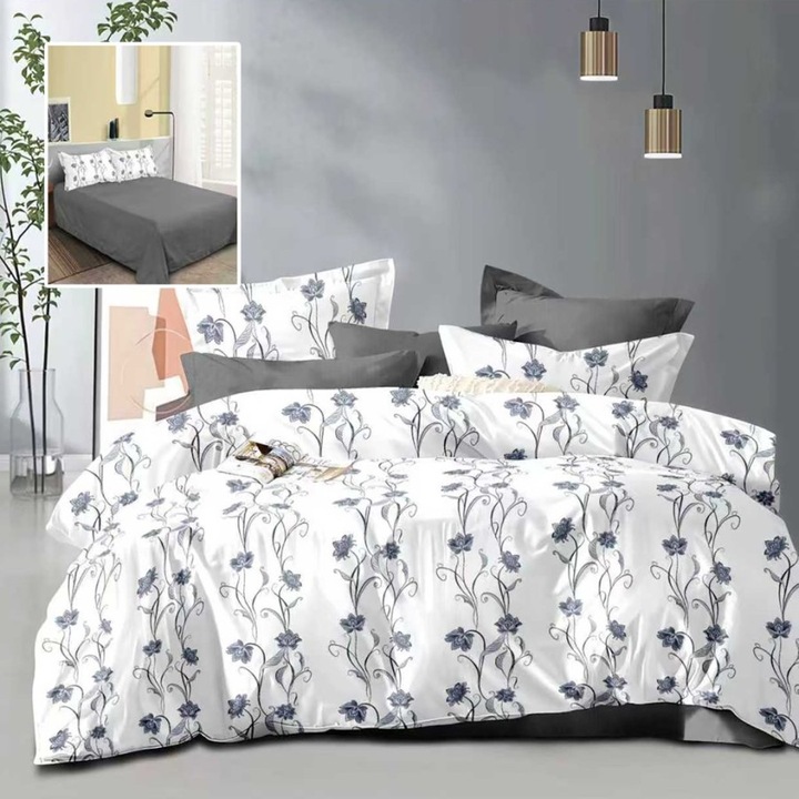 Kétszemélyes ágynemű szett, kékesszürke virágmintával, 4 részes, 230 x 250 cm, Különleges Ágyneműk