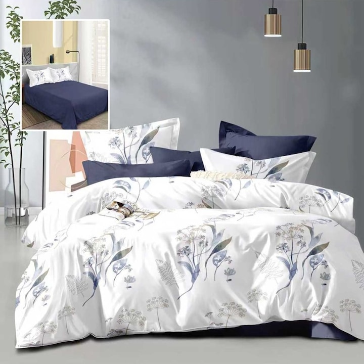 Lenjerie de pat dublu cu flori albastre pastel, 4 piese, 230 x 250 cm, Lenjerii Deosebite