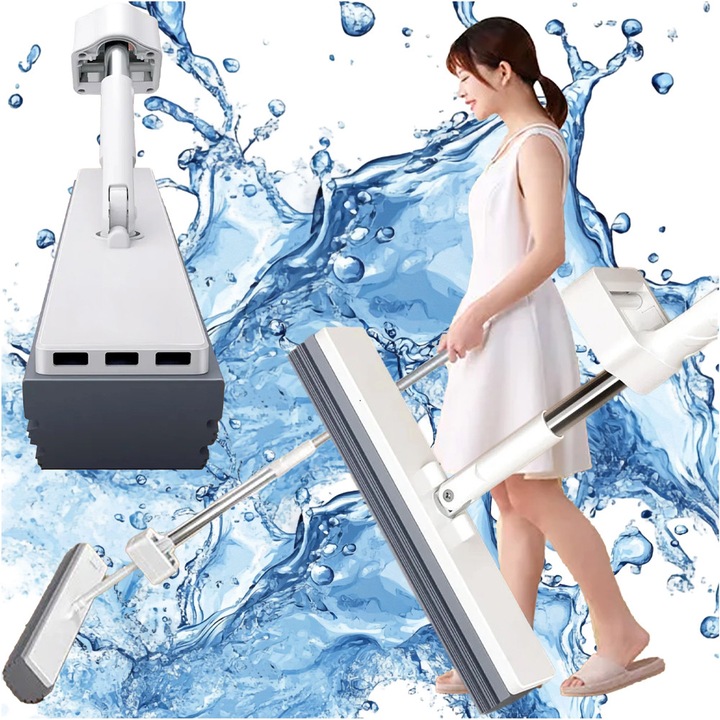 Mop cu Burete pentru Spalat Podele cu Sistem de Stoarcere, Absoarbe rapid, din PVA, Inaltime 135 cm, Gri