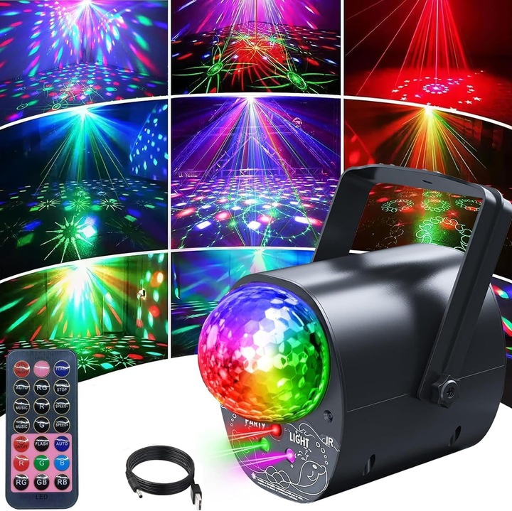 Laser lumini disco, Wacorresi®, proiector de lumini disco, 12W, sound control, carcasa metalic, Cu telecomanda, Alimentare Priza sau USB, Stroboscop lumini petrecere, Negru